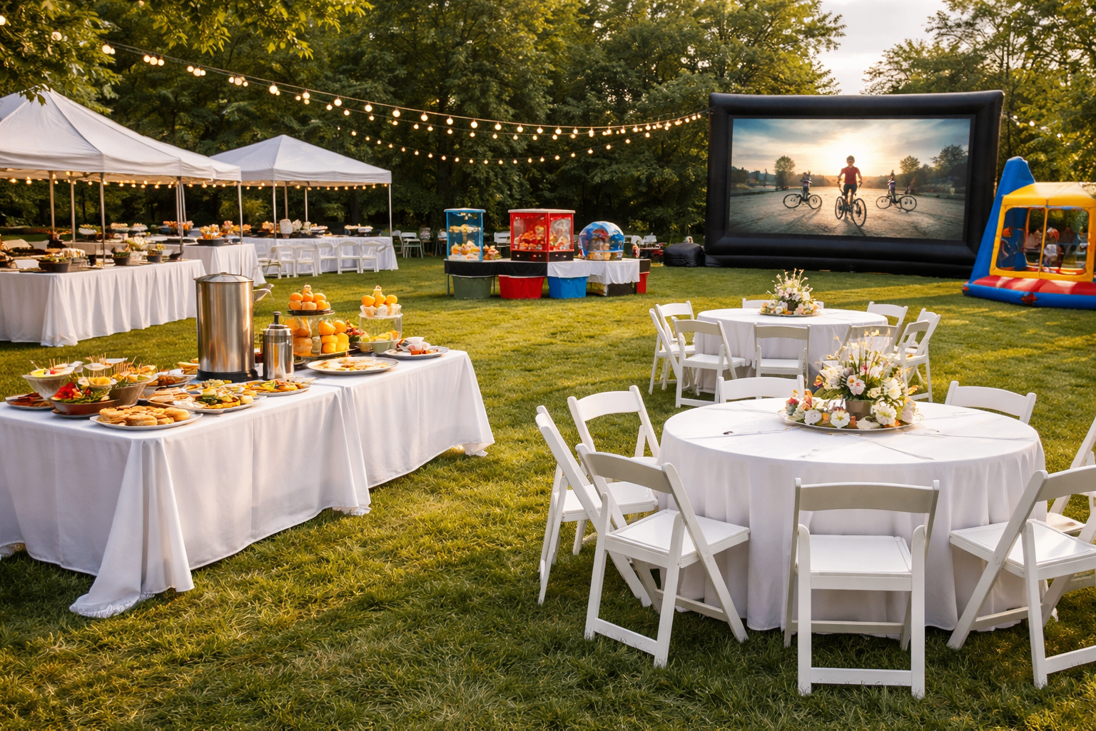 Professional backyard party setup with white folding chairs, banquet tables, concession machines, inflatable movie screen, and string lights on a green lawn in the Capital Region, NY