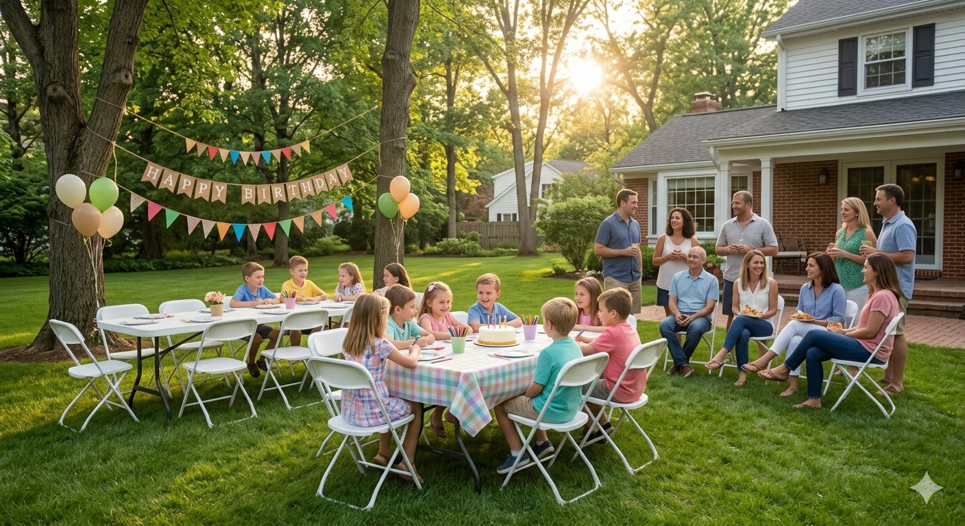 Backyard birthday party in warm golden hour light with white folding tables and chairs on a green lawn, children eating cake together, and adults chatting nearby as the sun sets behind trees