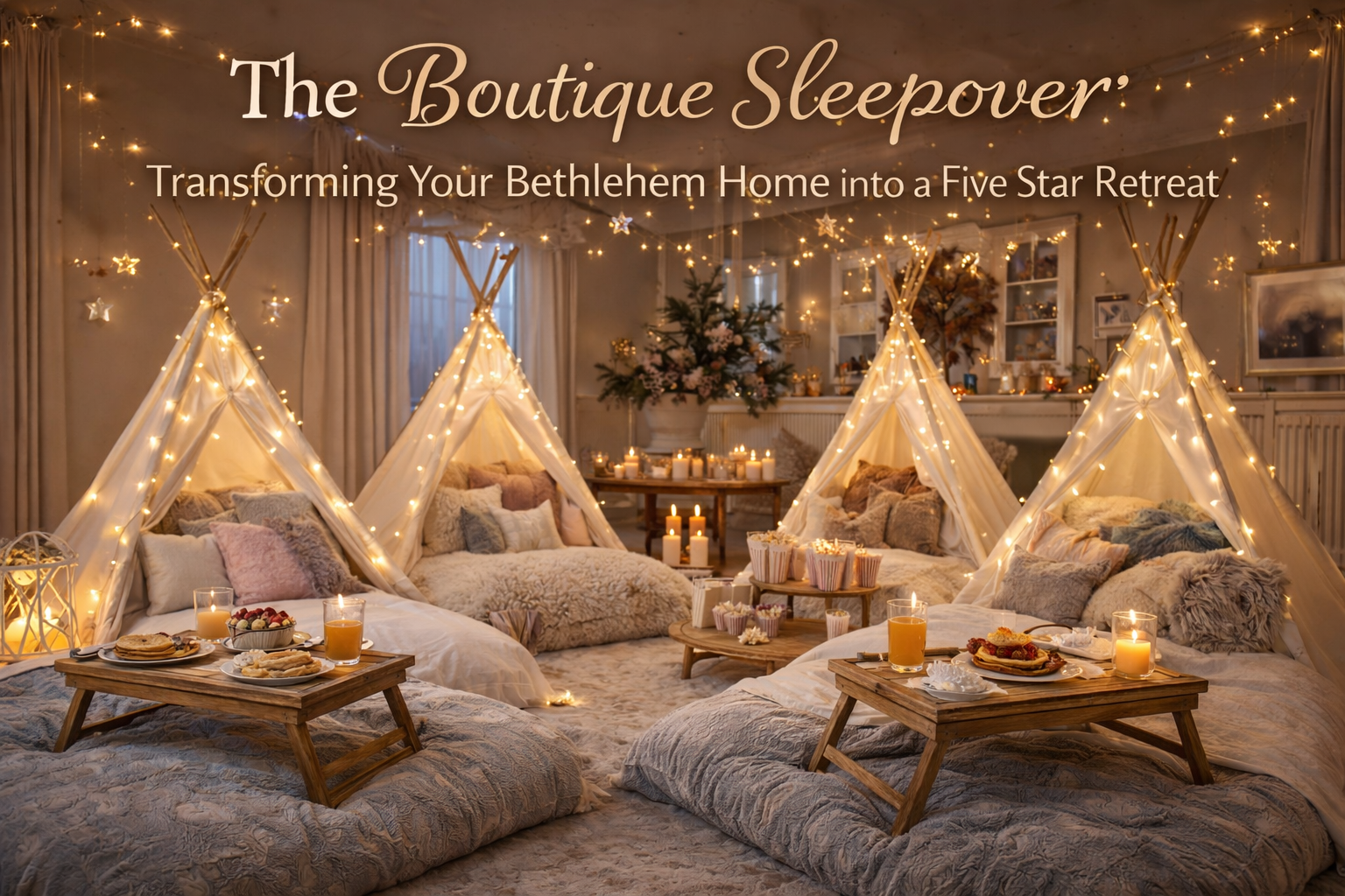 Boutique sleepover teepee village setup with breakfast trays and lanterns in Bethlehem, NY