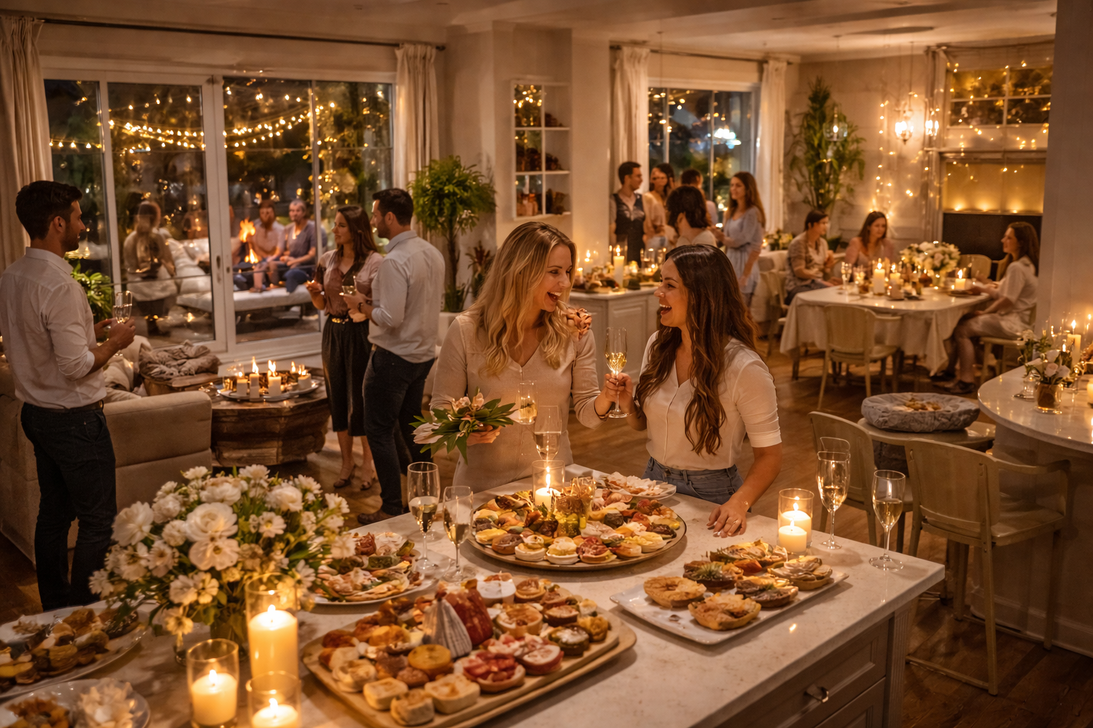 Guests mingling at a backyard party with multiple food stations and string lights in Colonie NY