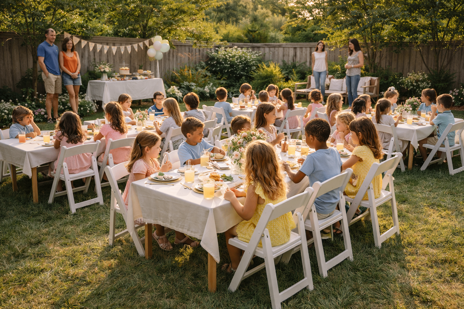 Organized backyard birthday party with many children seated at tables and adults calmly observing in warm light in Colonie, NY