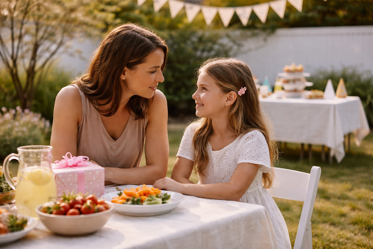 Parent and child sitting together before a simple backyard birthday party begins