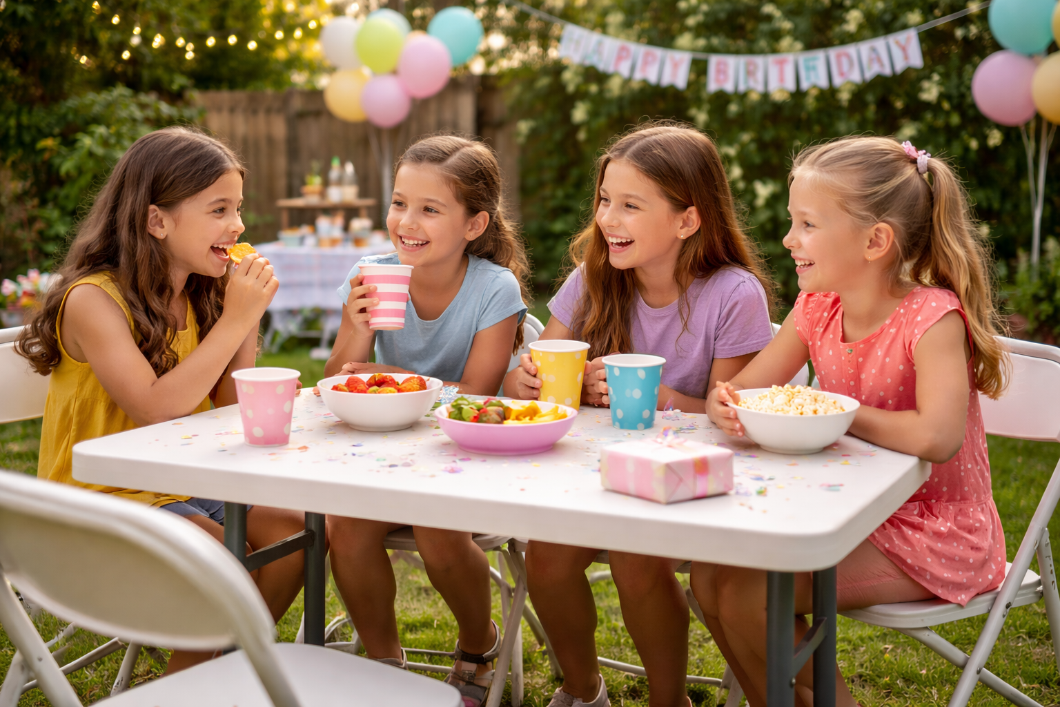Four girls laughing together at a backyard birthday party table with snacks, colorful cups, and party decorations
