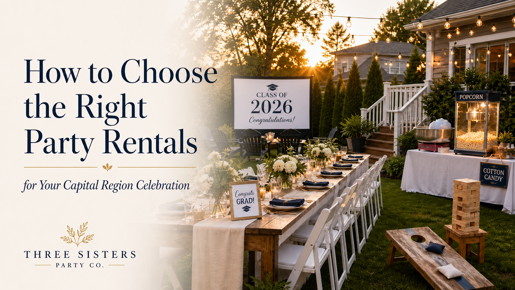 Backyard graduation party setup with banquet table, white chairs, popcorn and cotton candy machines in the Capital Region NY