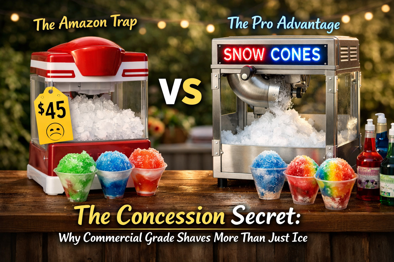 Cheap $45 home snow cone maker vs commercial-grade snow cone machine rental side by side comparison in Colonie, NY