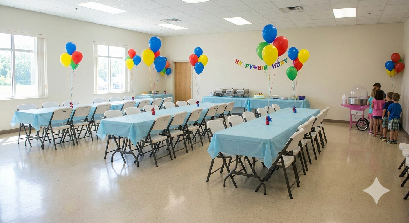 Interior of a bright community hall setup for a party with long folding tables, white chairs, balloons, and a cotton candy machine in the corner