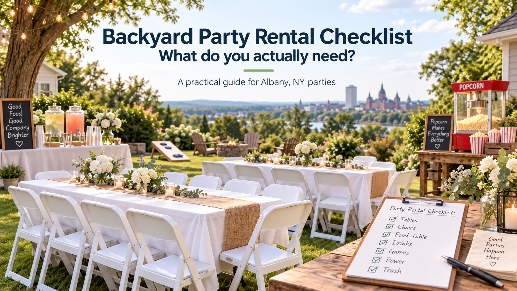 Backyard party rental checklist infographic showing tables, chairs, popcorn machine, and party setup in an Albany backyard