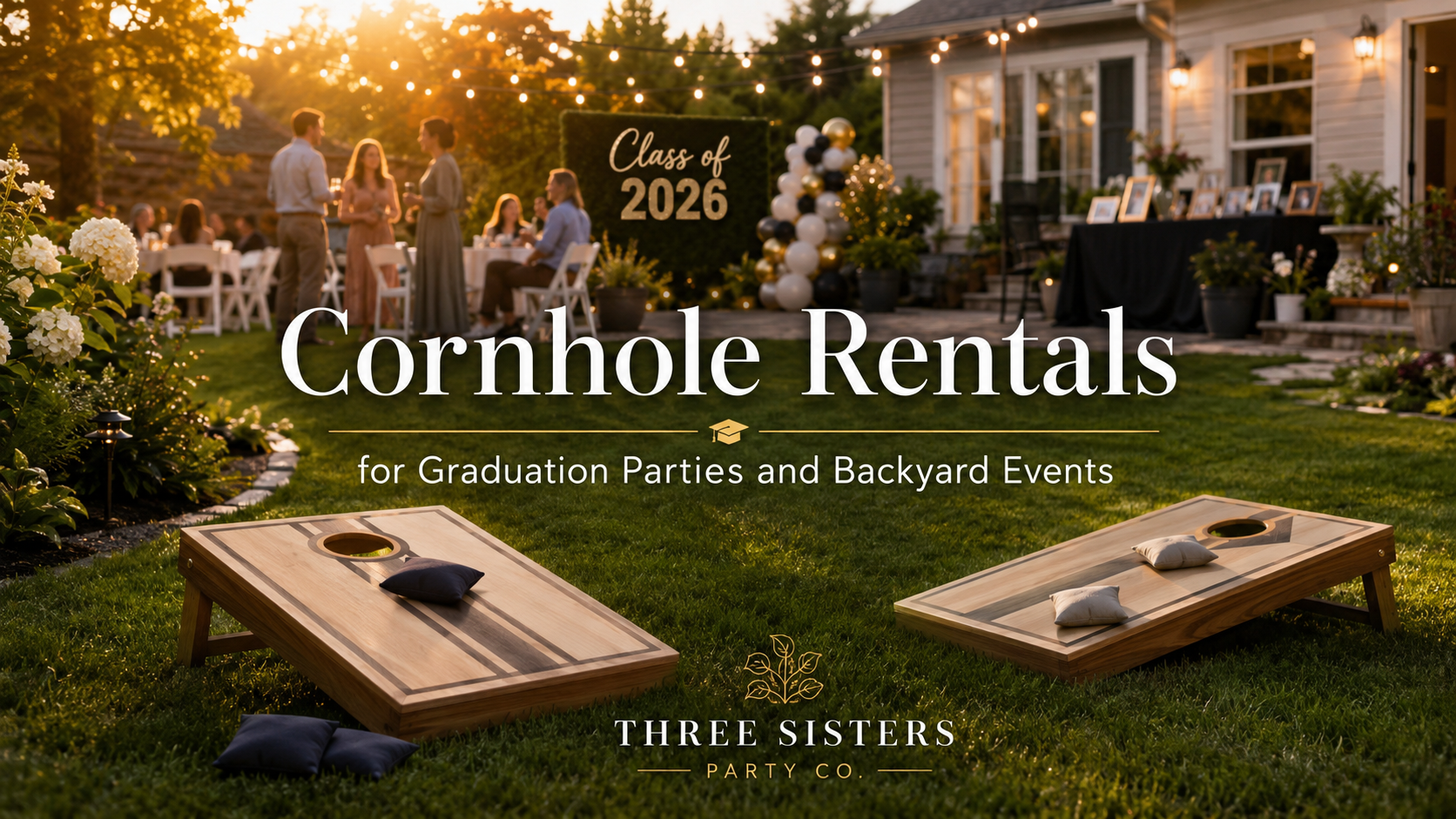 Cornhole boards set up on the lawn at a Class of 2026 graduation party in the Capital Region