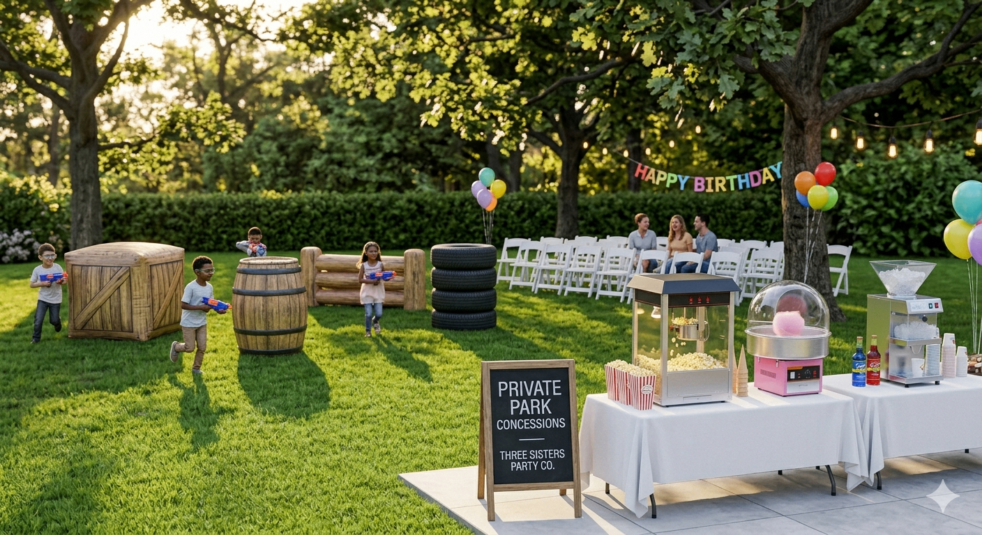 Kids playing a Nerf battle behind wooden barrels and crates in a backyard while parents relax in white folding chairs, with a concession stand featuring popcorn, cotton candy, and snow cone machines at a private backyard party in Colonie NY