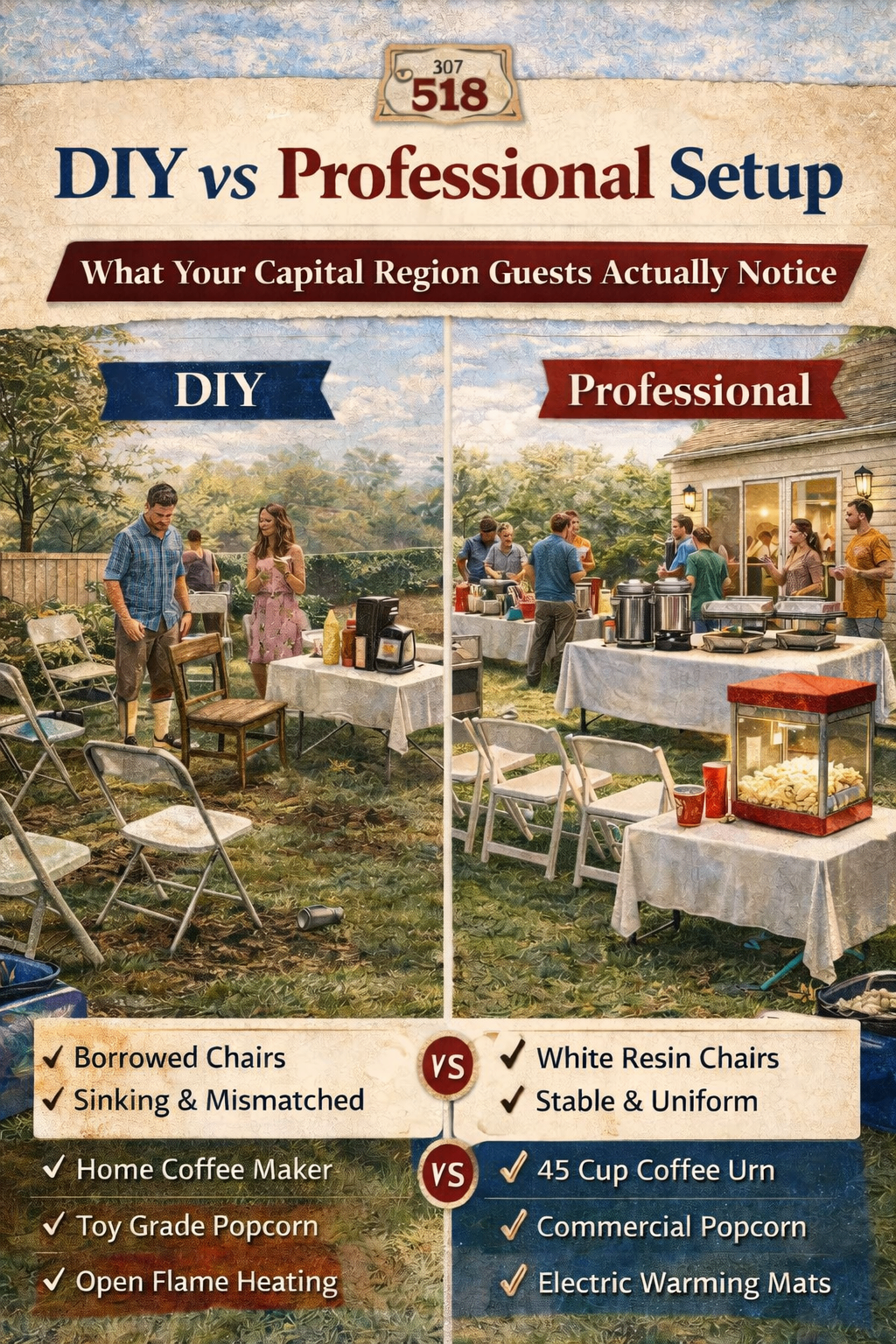 Side by side comparison of DIY party setup versus professional Three Sisters Party Co. setup showing the difference in quality for Capital Region backyard events