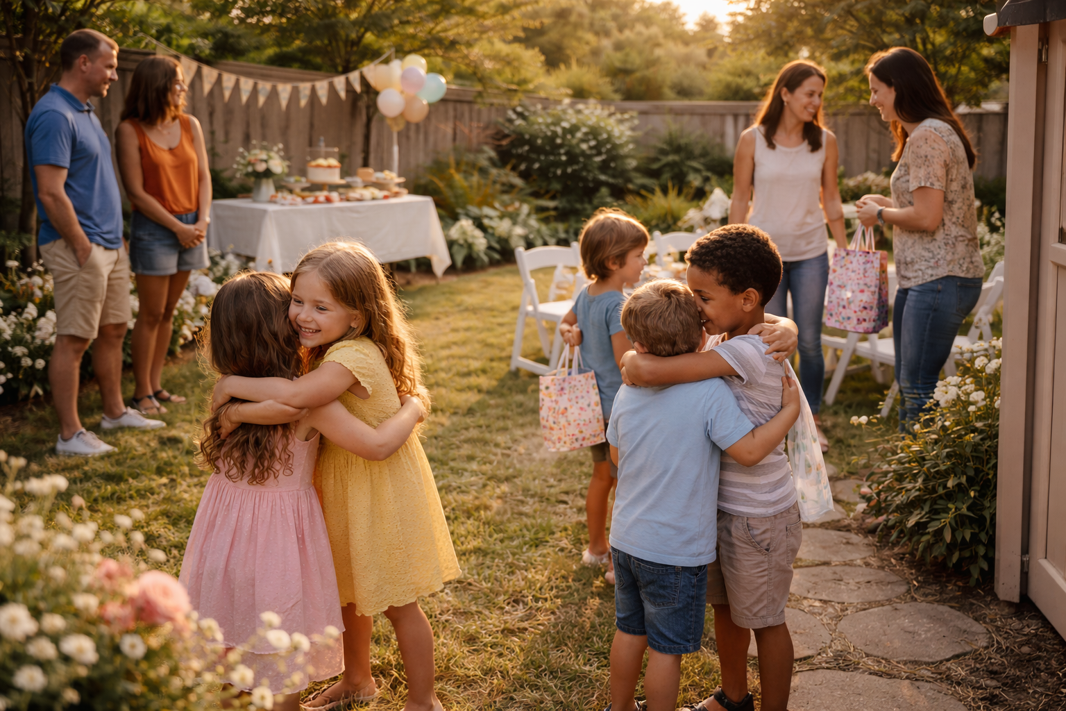 Children hugging goodbye at the end of a backyard birthday party in warm evening light