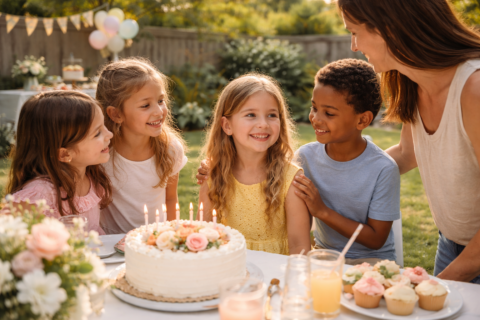 Birthday child smiling with friends gathered closely around while a parent gently rests a hand on their shoulder in soft backyard light in Colonie, NY
