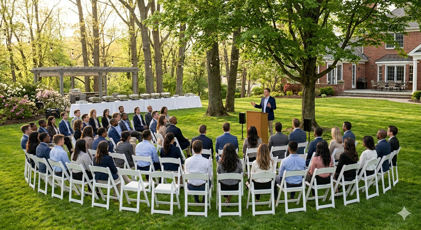 Outdoor corporate retreat with white resin chairs arranged in a semicircle on a manicured lawn in the Capital Region NY
