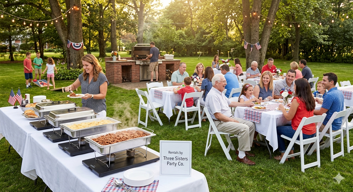 Large family reunion backyard BBQ with white folding chairs and banquet tables, a buffet station with chafing dishes on electric warming mats, string lights, patriotic bunting, kids playing cornhole, and a Rentals by Three Sisters Party Co sign in the Capital Region NY