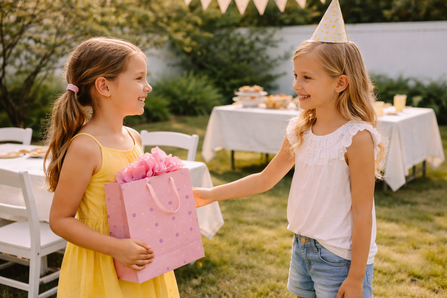 Child arriving at a backyard birthday party and being greeted near a neatly arranged snack table