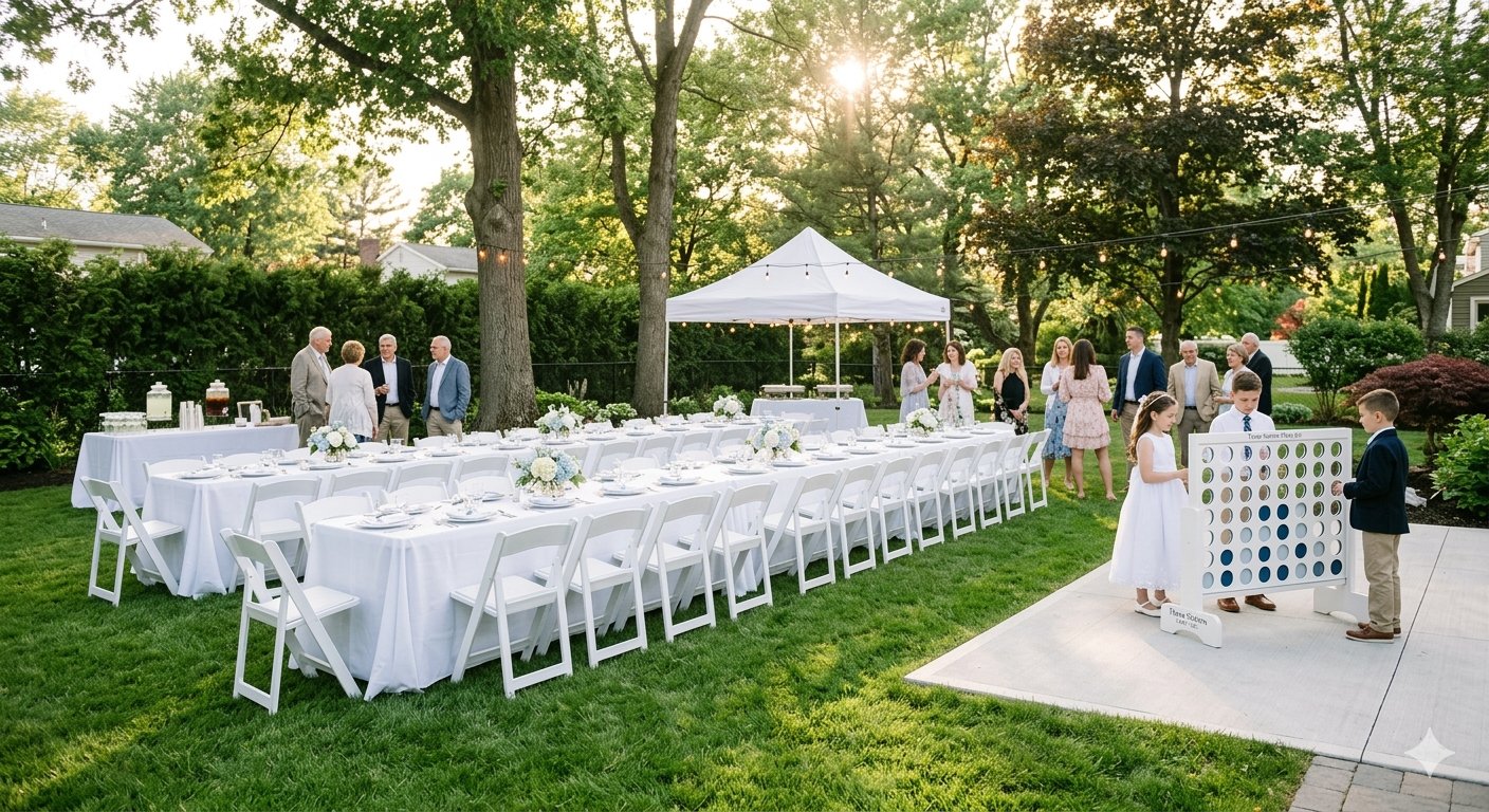 Backyard luncheon with white folding chairs and banquet tables set for a formal celebration while children play giant connect four on the patio in Colonie NY