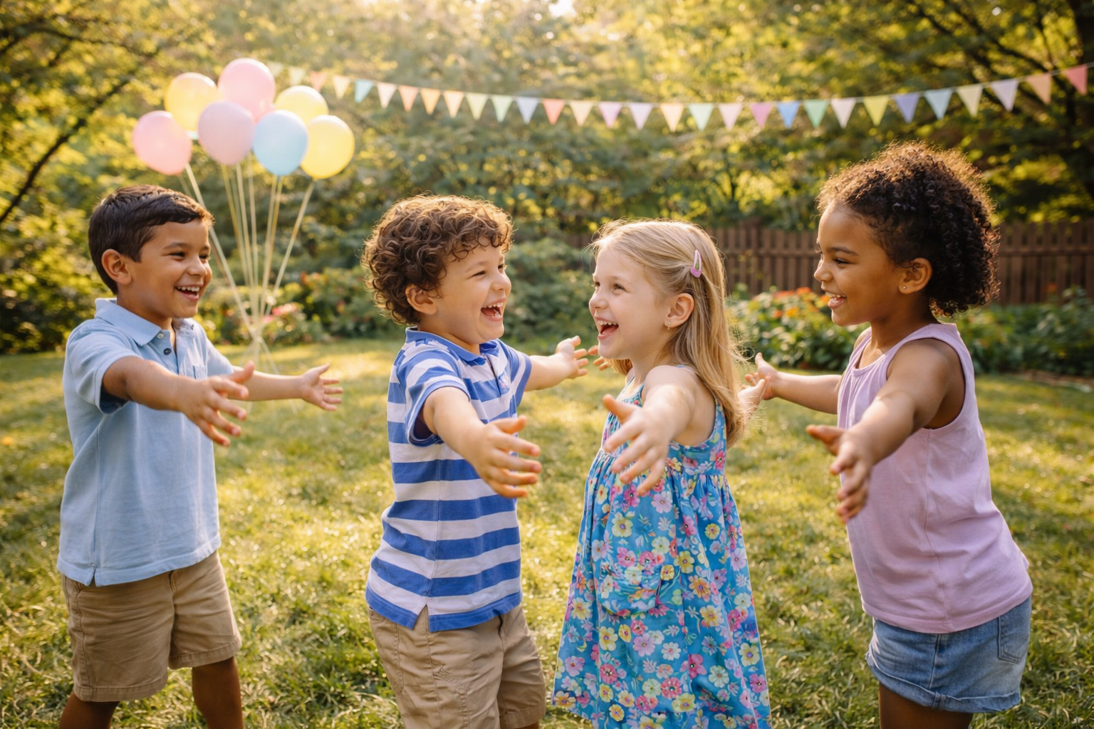 Four young kids laughing and reaching toward each other on a green lawn with pastel balloons and bunting at a backyard birthday party in Colonie NY