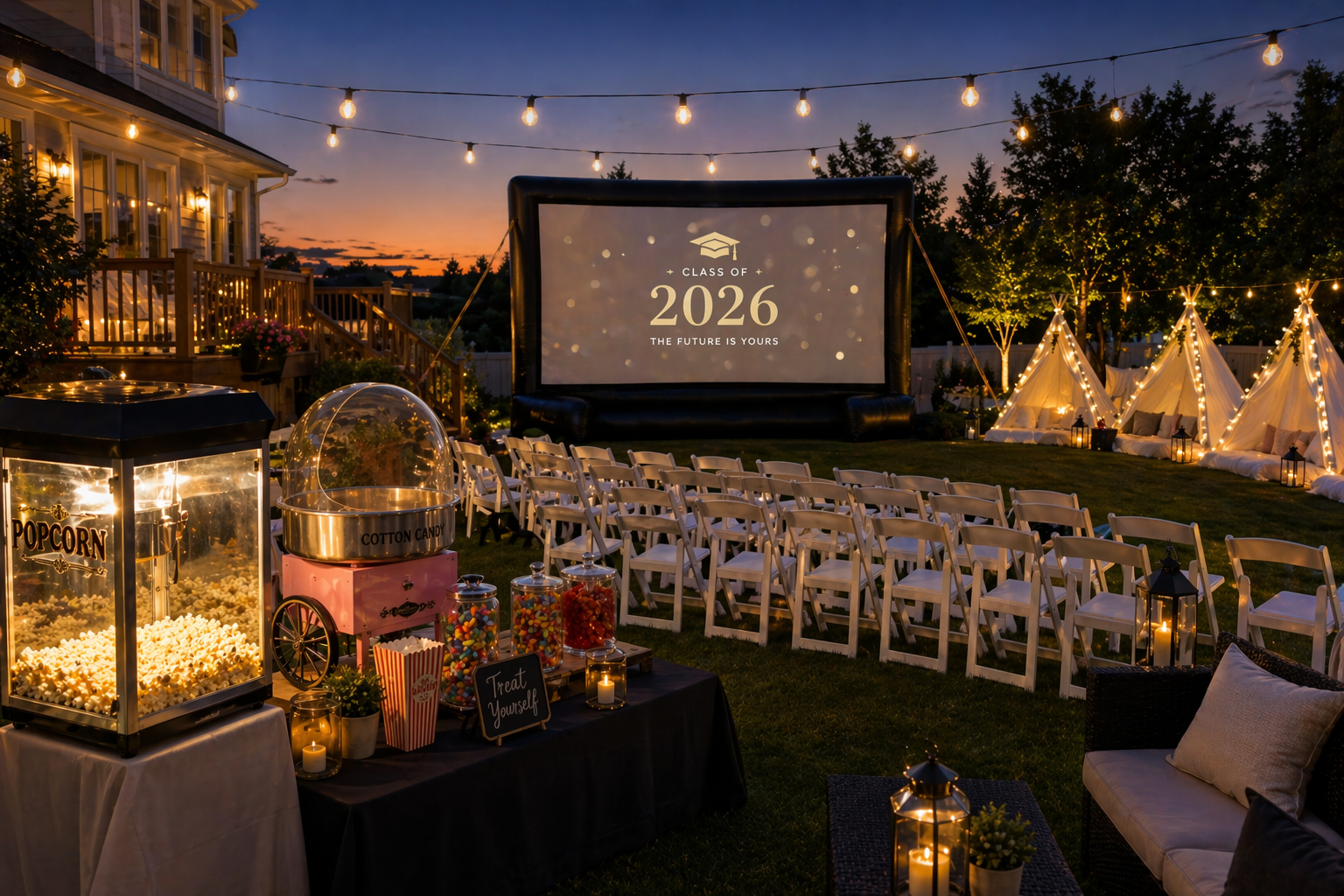 Backyard graduation party in the Capital Region with Class of 2026 outdoor movie screen, popcorn machine, cotton candy cart, white resin chairs, and string lights at dusk