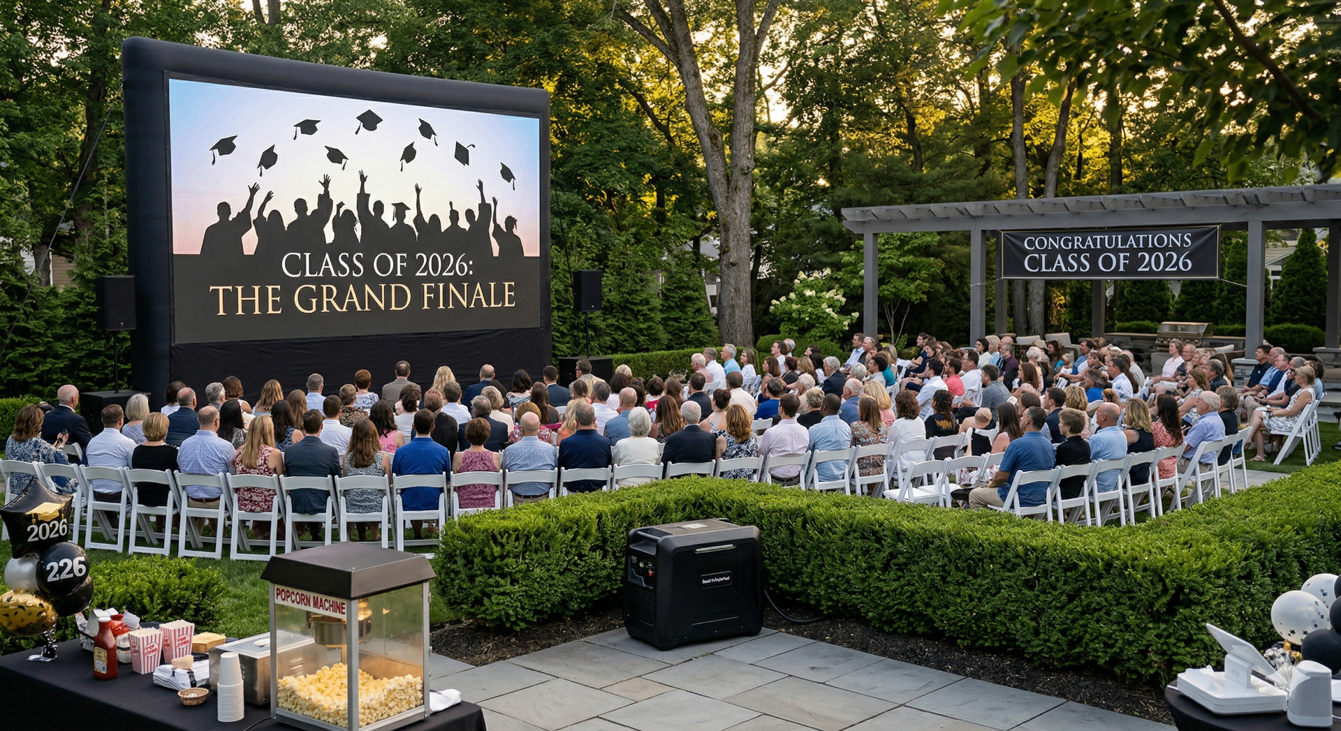 Outdoor graduation movie night with 20 ft screen, white resin chairs, and popcorn machine in a Capital Region backyard NY