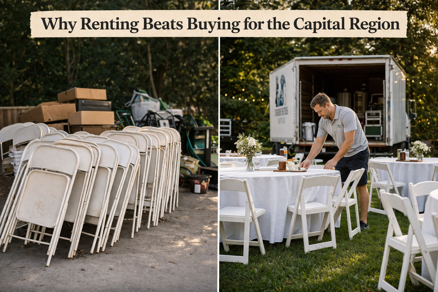 Why renting beats buying for Capital Region parties - comparison of old folding chairs versus professional white resin chair setup in Colonie, NY