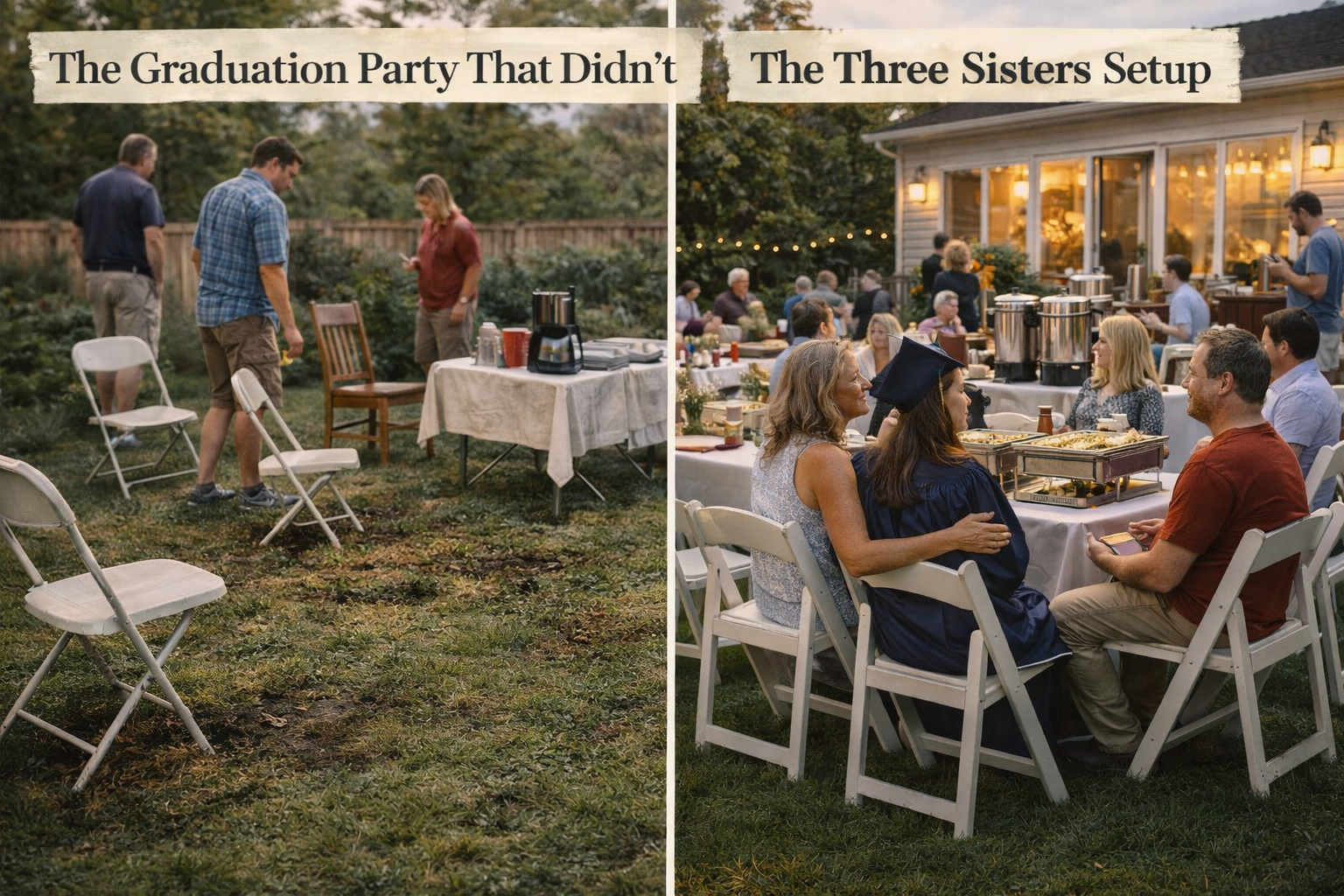 Side-by-side comparison of a DIY backyard graduation party vs a Three Sisters Party Co professional setup in the Capital Region, NY