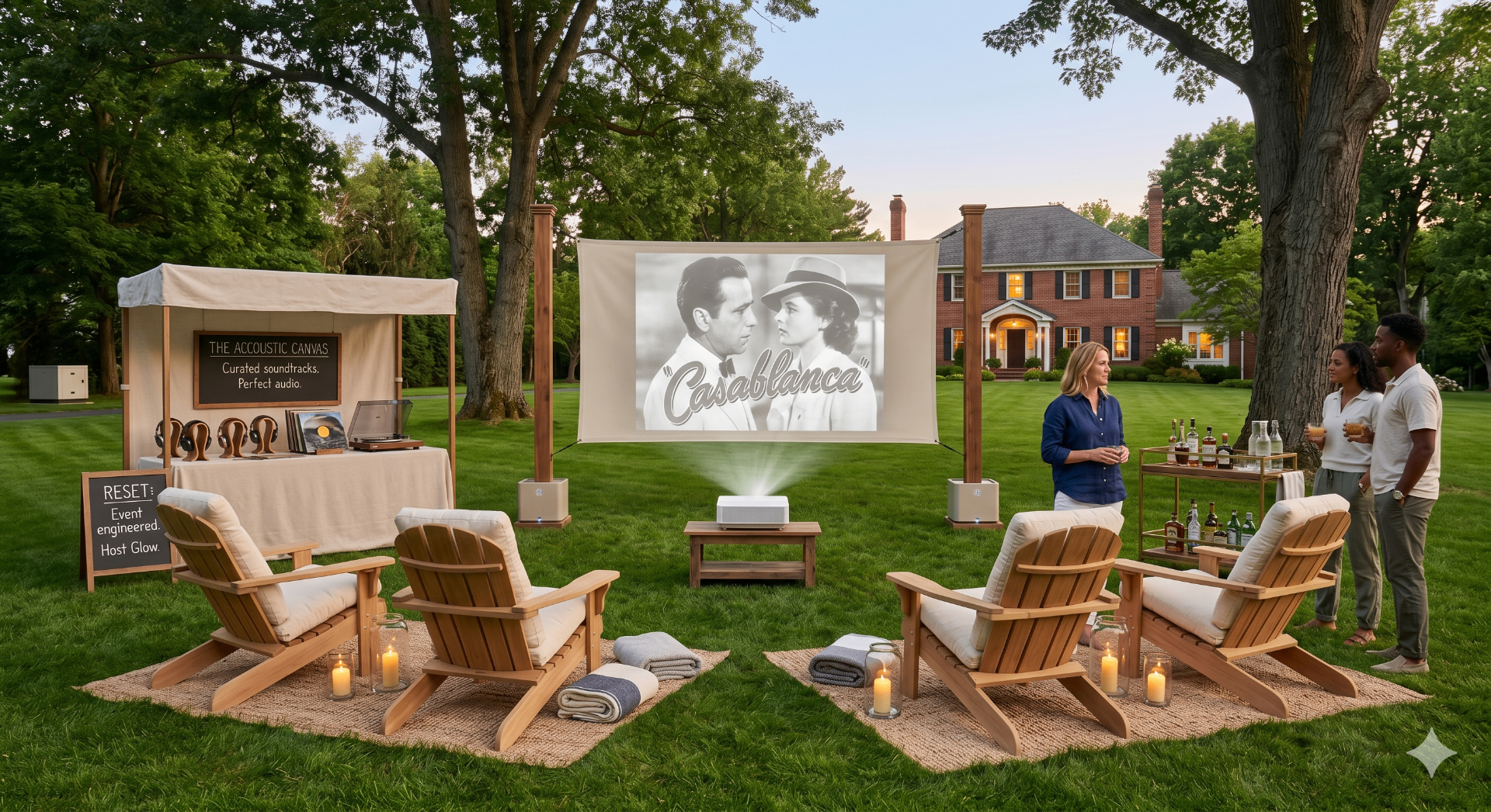 Premier backyard cinema activation in the Capital Region with Adirondack seating arc, projector on wooden stand, freestanding cinema screen showing a classic film, acoustic canvas concession tent, and bar cart at golden hour.