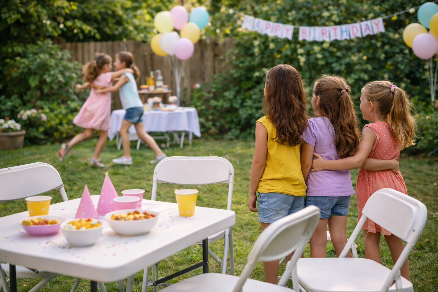 Girls watching friends play at a relaxed backyard birthday party with chairs and snacks nearby