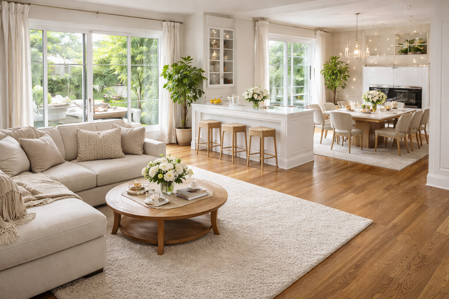 Pristine open concept living room and kitchen with bright natural light, ready for hosting in a Capital Region home.