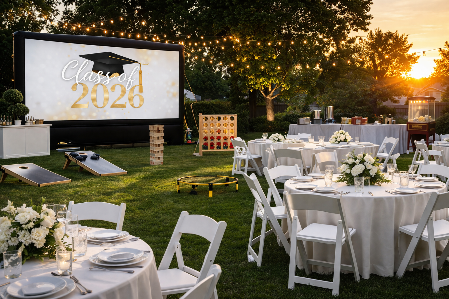 High end backyard graduation party setup with white resin chairs, outdoor movie screen, and lawn games in the Capital Region NY