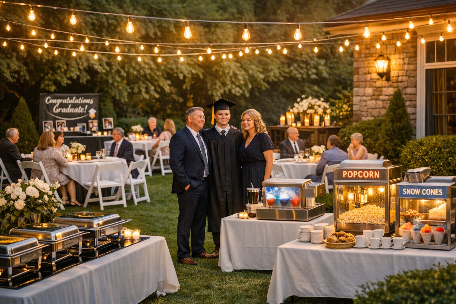 High-end backyard graduation party venue with string lights, white resin chairs, popcorn and snow cone machines, and warming trays in the Capital Region, NY