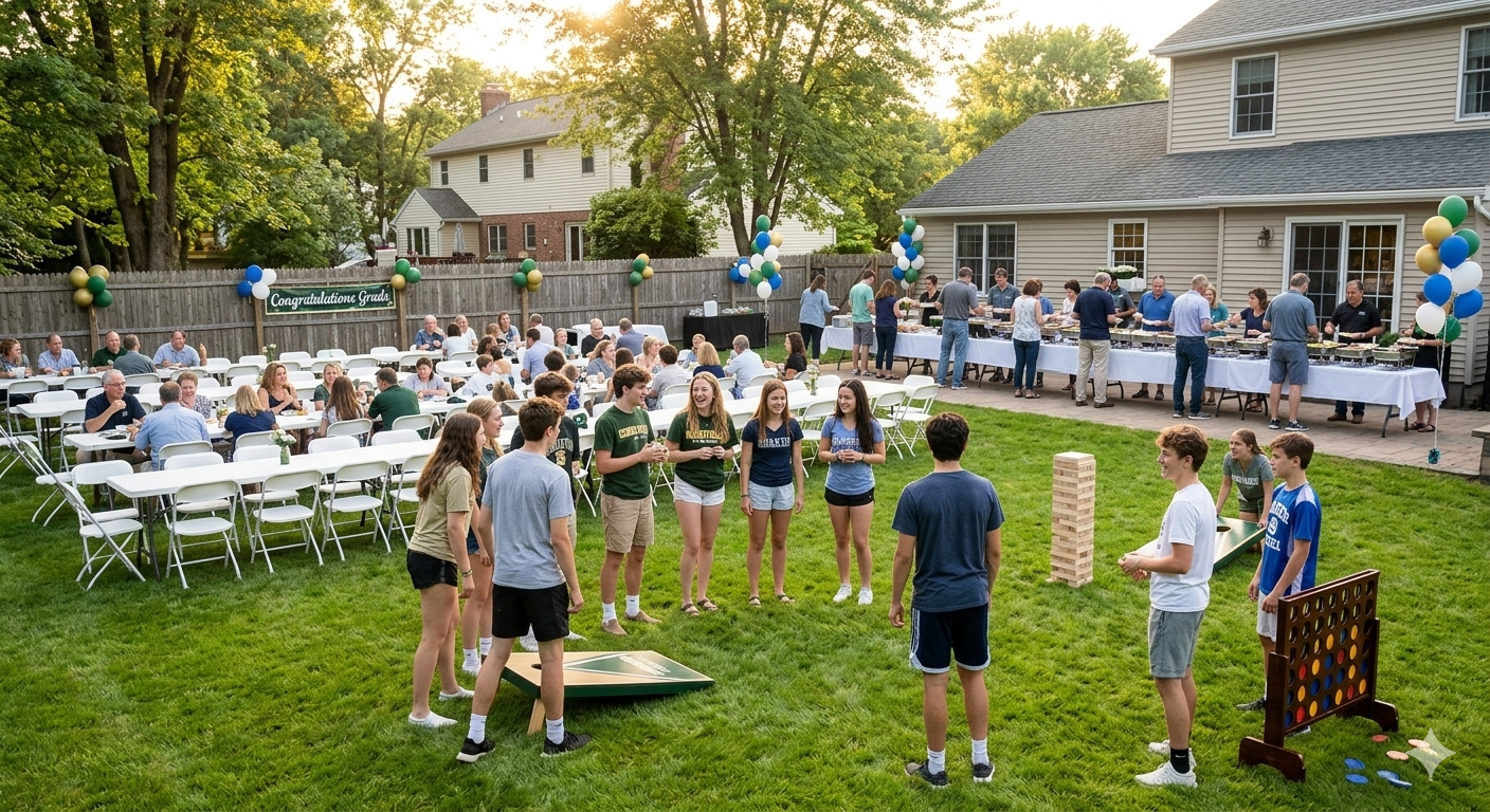 High school graduation party setup in a suburban backyard with tables, chairs, and yard games in Clifton Park NY
