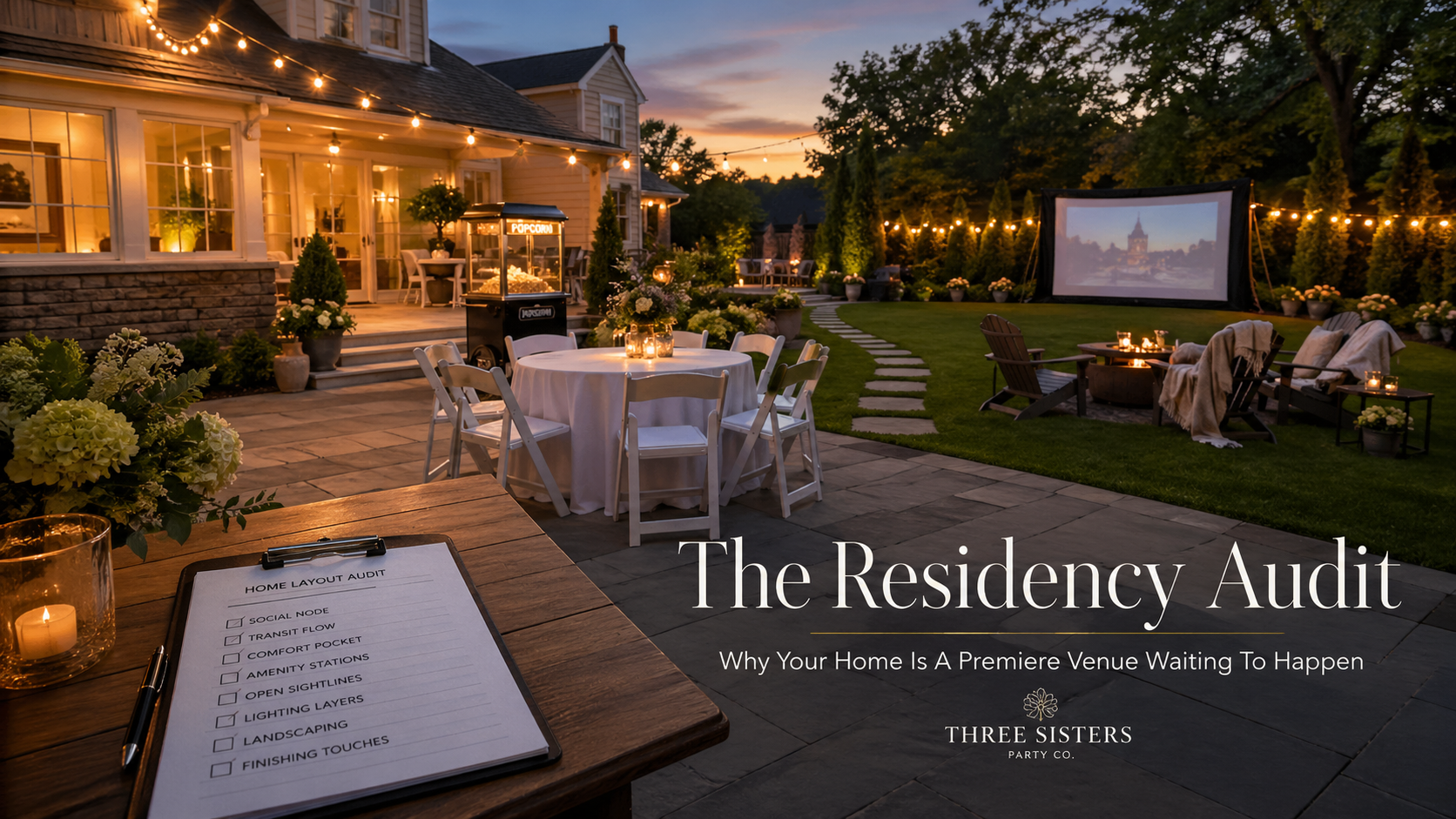 Twilight backyard party setup in the Capital Region with string lights, white folding chairs around a round table, popcorn cart, outdoor movie screen, and fire pit lounge