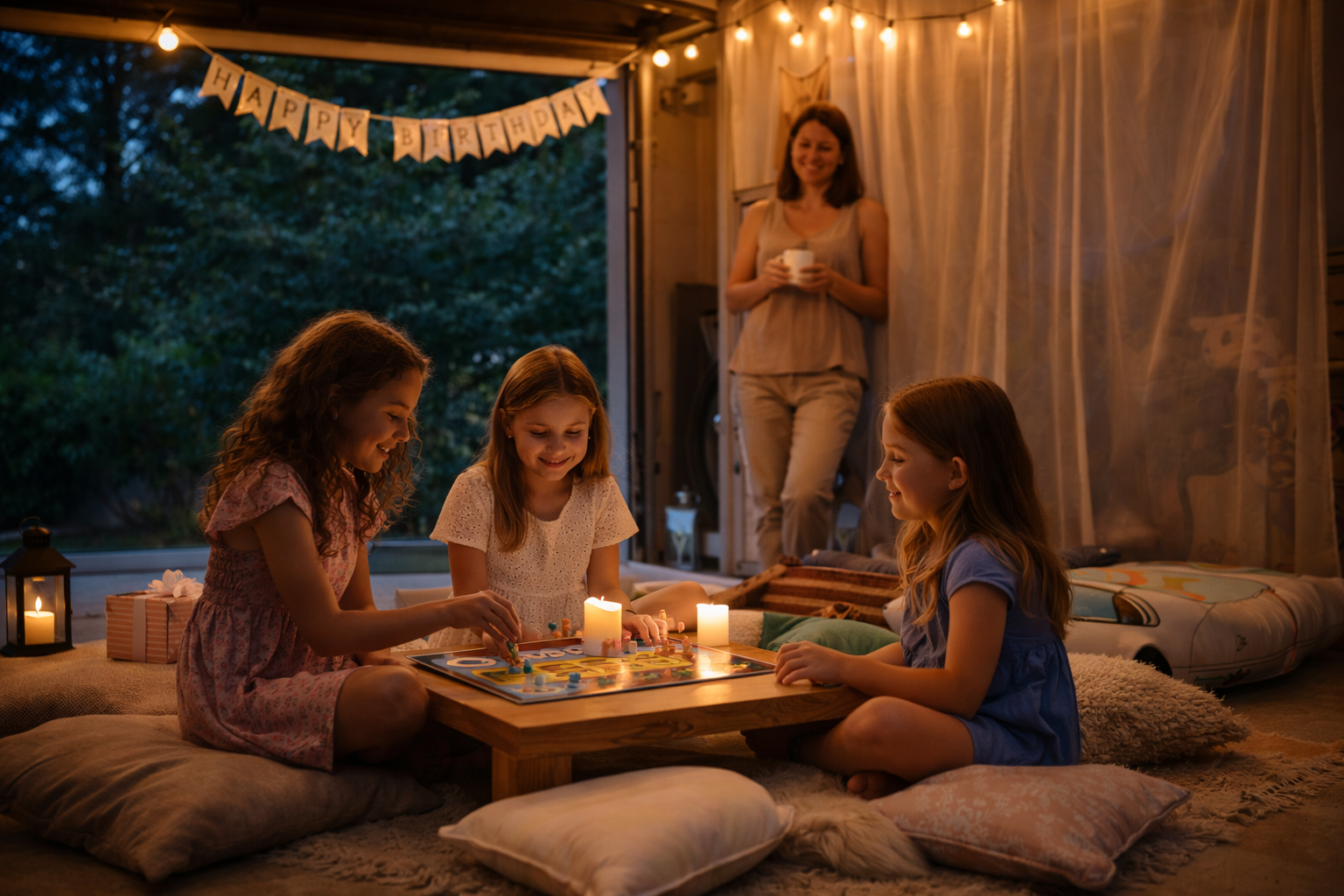 Girls playing a board game in a softly lit covered patio while a relaxed parent watches nearby