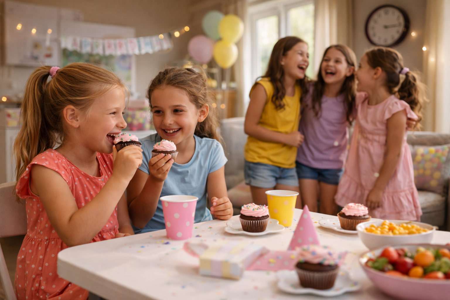 Girls enjoying a relaxed indoor birthday party halfway through the celebration