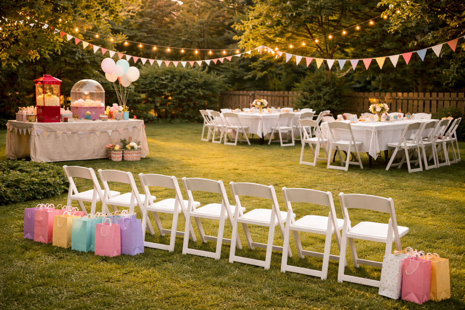 Backyard birthday party setup with tables, chairs, lawn games, and snack table prepared for children in warm afternoon light