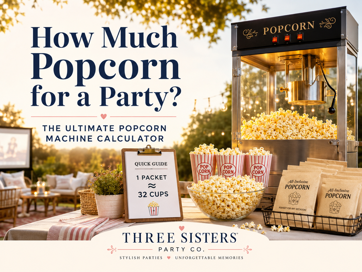 Outdoor popcorn machine setup with quick guide showing 1 packet equals 32 cups for a Capital Region backyard party