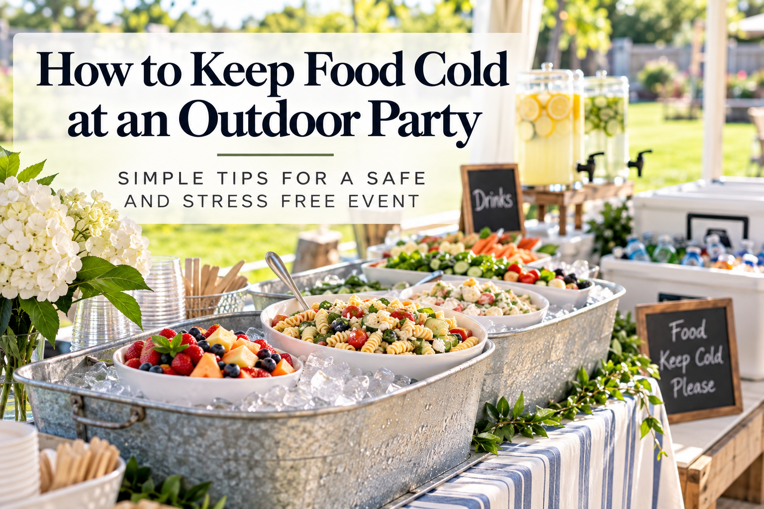 Outdoor party buffet with pasta salad and fruit bowls set in galvanized tubs of ice beside drink dispensers and labeled coolers