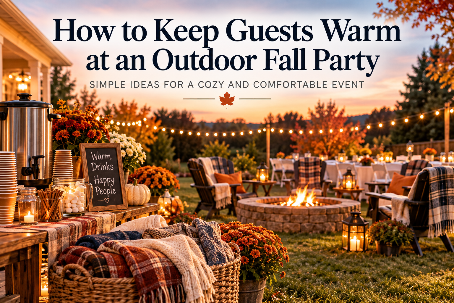 Fall backyard party at sunset with a coffee urn hot drink station, a basket of plaid blankets, a fire pit and string lights