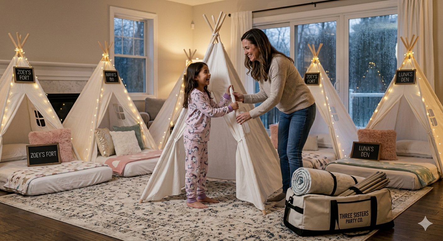 Mother and daughter laughing while setting up personalized Three Sisters Party Co. sleepover teepee tents with fairy lights, plush mattresses, and named chalkboard signs in a cozy Capital Region living room in Colonie, NY