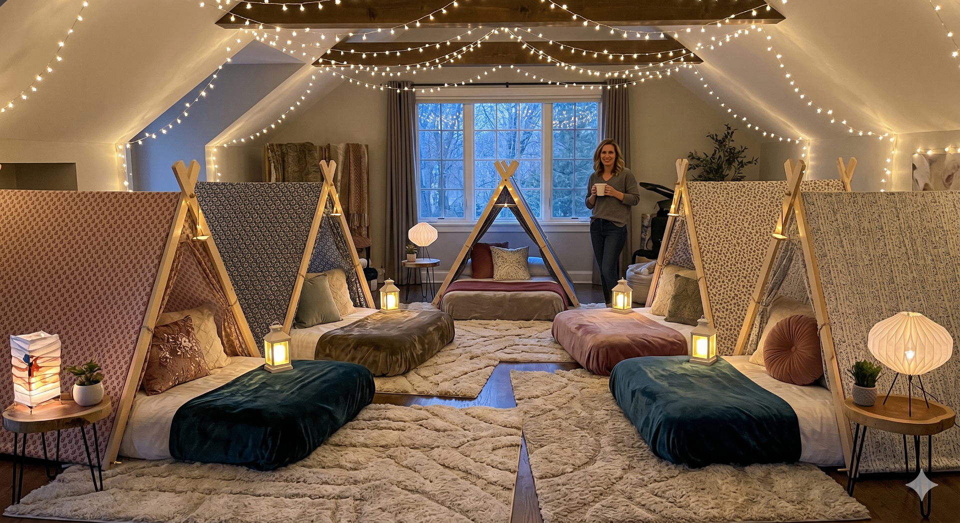 Sleepover tent rental setup with A-frame teepees, sleep mats, soft lanterns, and string lights in a Loudonville NY home