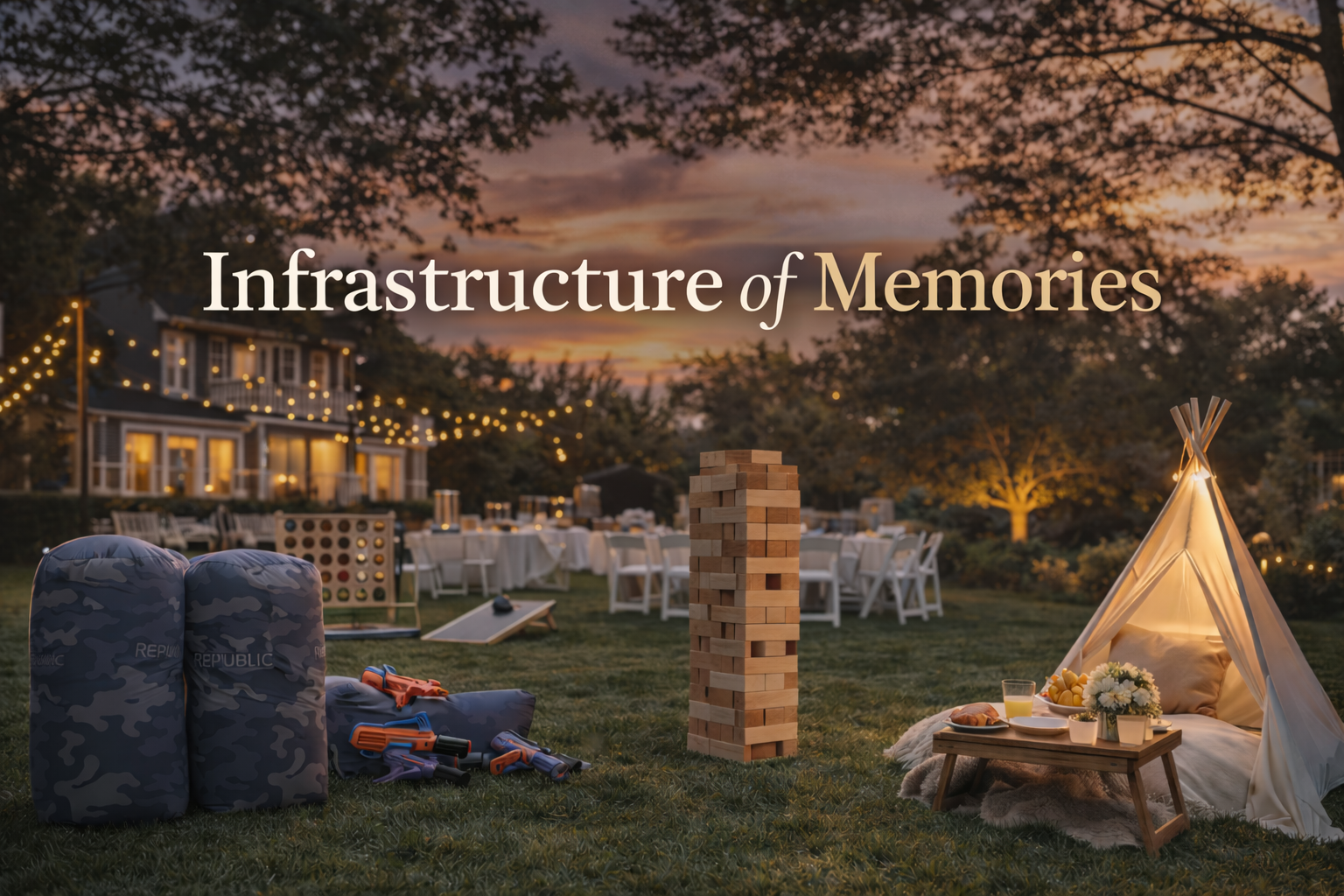 Backyard party setup with Giant Jenga, Nerf battle bunkers, cornhole, teepee tent, and string lights at sunset in the Capital Region NY