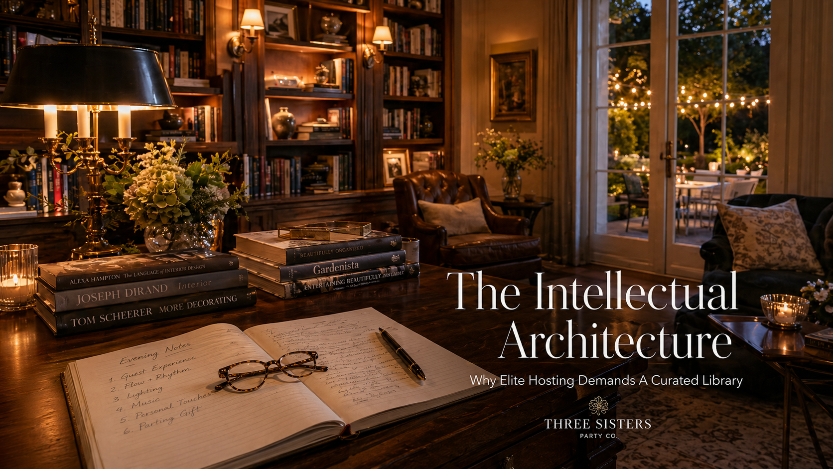 Warm candlelit Capital Region home library at twilight with stacked design books, an open journal of evening notes, fresh hydrangeas, and French doors opening to a string lit garden patio.