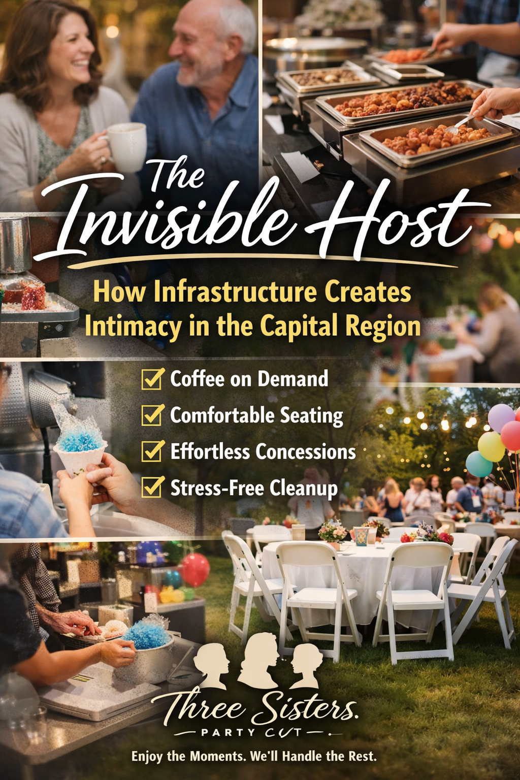 The Invisible Host - How professional party rental infrastructure including coffee urns, warming trays, snow cone machines, and white resin chairs creates intimate backyard celebrations in the Capital Region NY