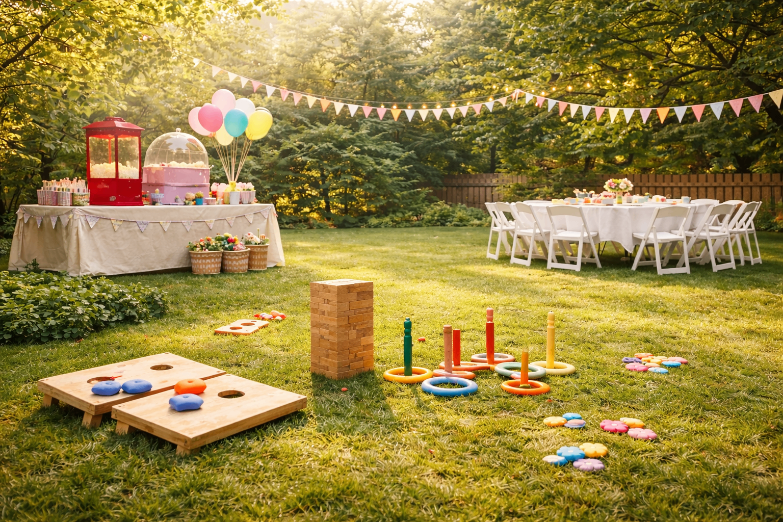Morning backyard birthday party setup with lawn games, cotton candy and popcorn machines, white chairs, and pastel decorations in soft early sunlight