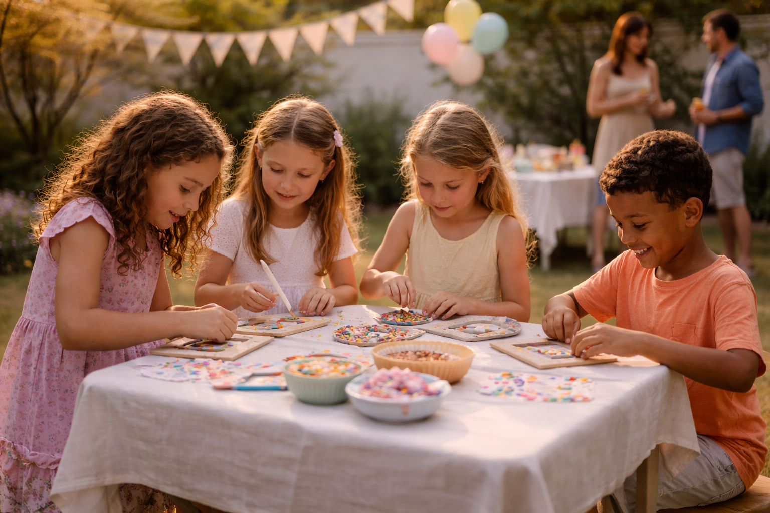Five children decorating crafts together at a backyard birthday party while adults chat softly in the background at golden hour