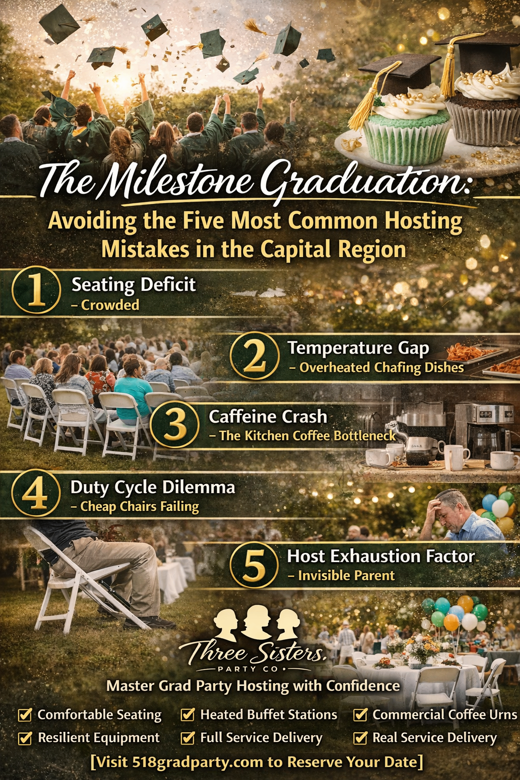 Five common graduation party hosting mistakes to avoid in the Capital Region NY including seating, food temperature, coffee service, equipment reliability, and host exhaustion