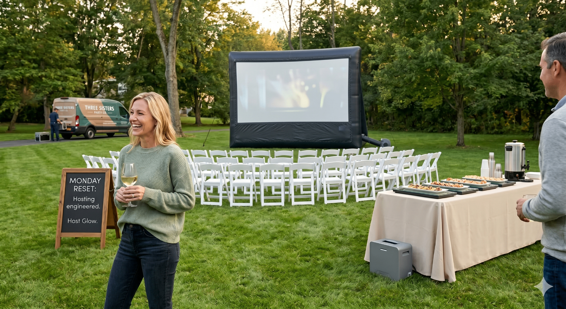 Capital Region host enjoying the Monday Reset with a backyard cinema, white resin chair theater, and thermal buffet setup by Three Sisters Party Co.