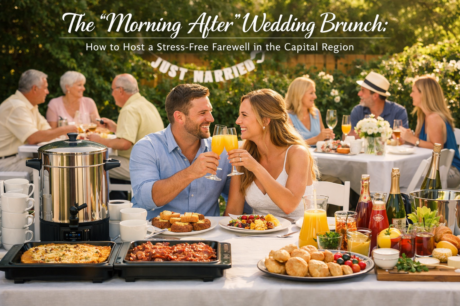 Newlywed couple toasting mimosas at a backyard post wedding brunch with commercial coffee urn, warming mats, and banquet tables in the Capital Region NY