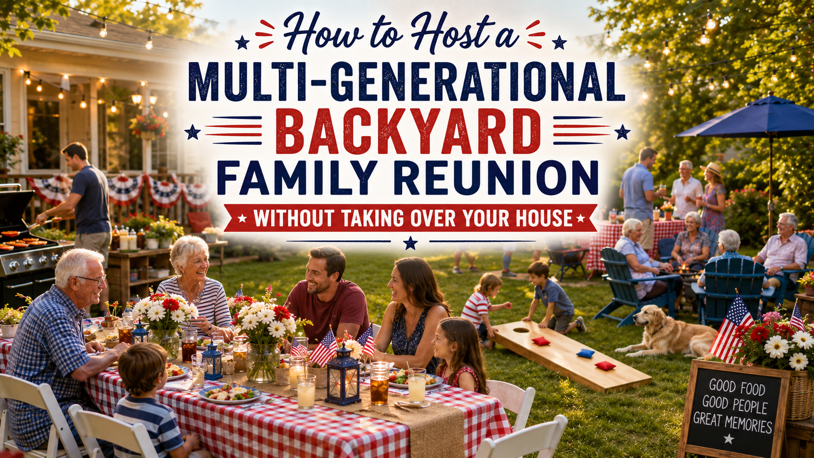 Multi-generational family reunion in a Capital Region backyard with grandparents, parents, and kids enjoying a meal, cornhole, and string lights