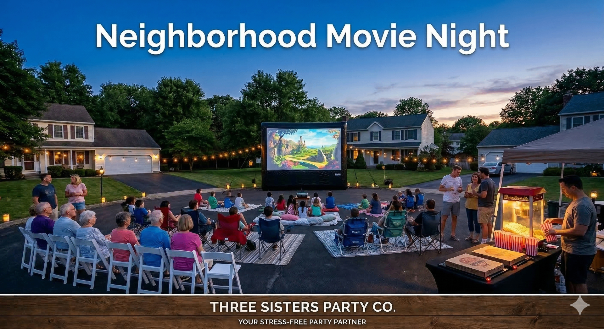 Neighborhood block party movie night at dusk with families watching a film on a large inflatable screen in a suburban street with white folding chairs blankets popcorn machine and string lights in Colonie NY